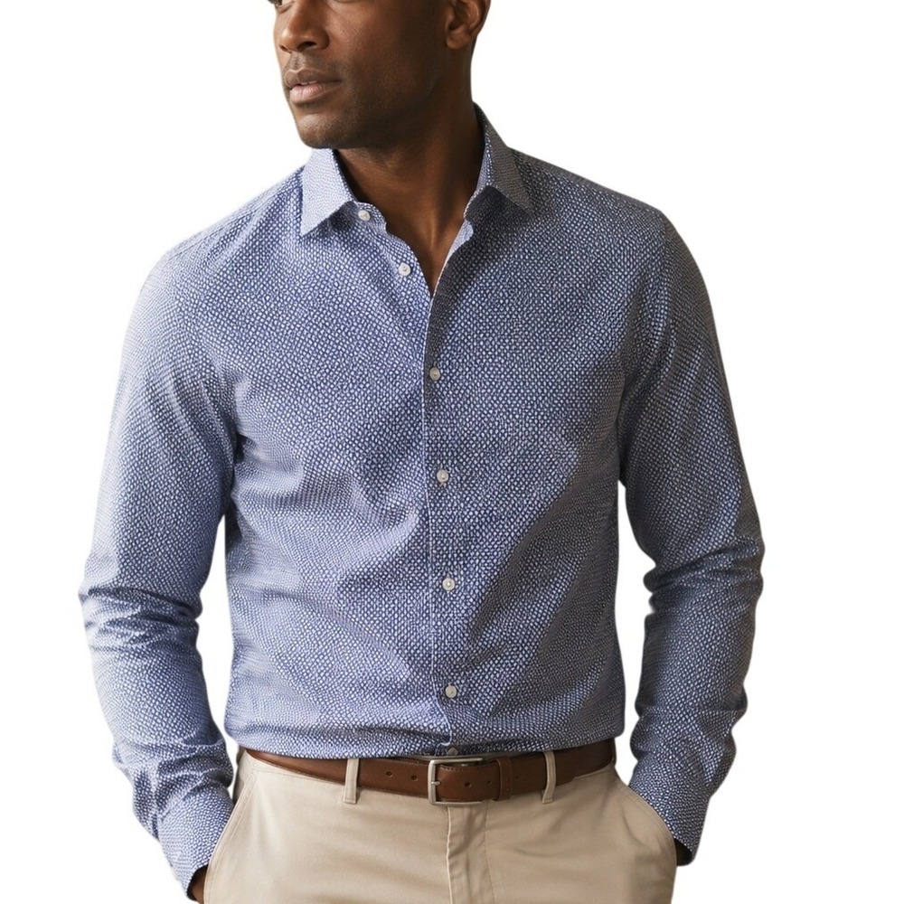 Thomas Pink Slim Fit Linen Cotton Blue Print Dress Shirt Mens 15 38